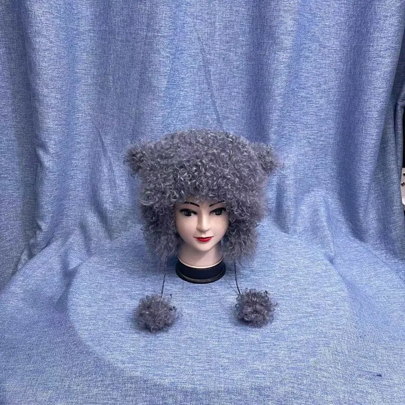 Warme Winter-Tiermotive Mütze aus Lockiger Wolle und Echtem Leder Neuer Stil für Männer und Frauen Gemütliche Echtpelz-Mütze für Kaltes Wetter – Detail 20