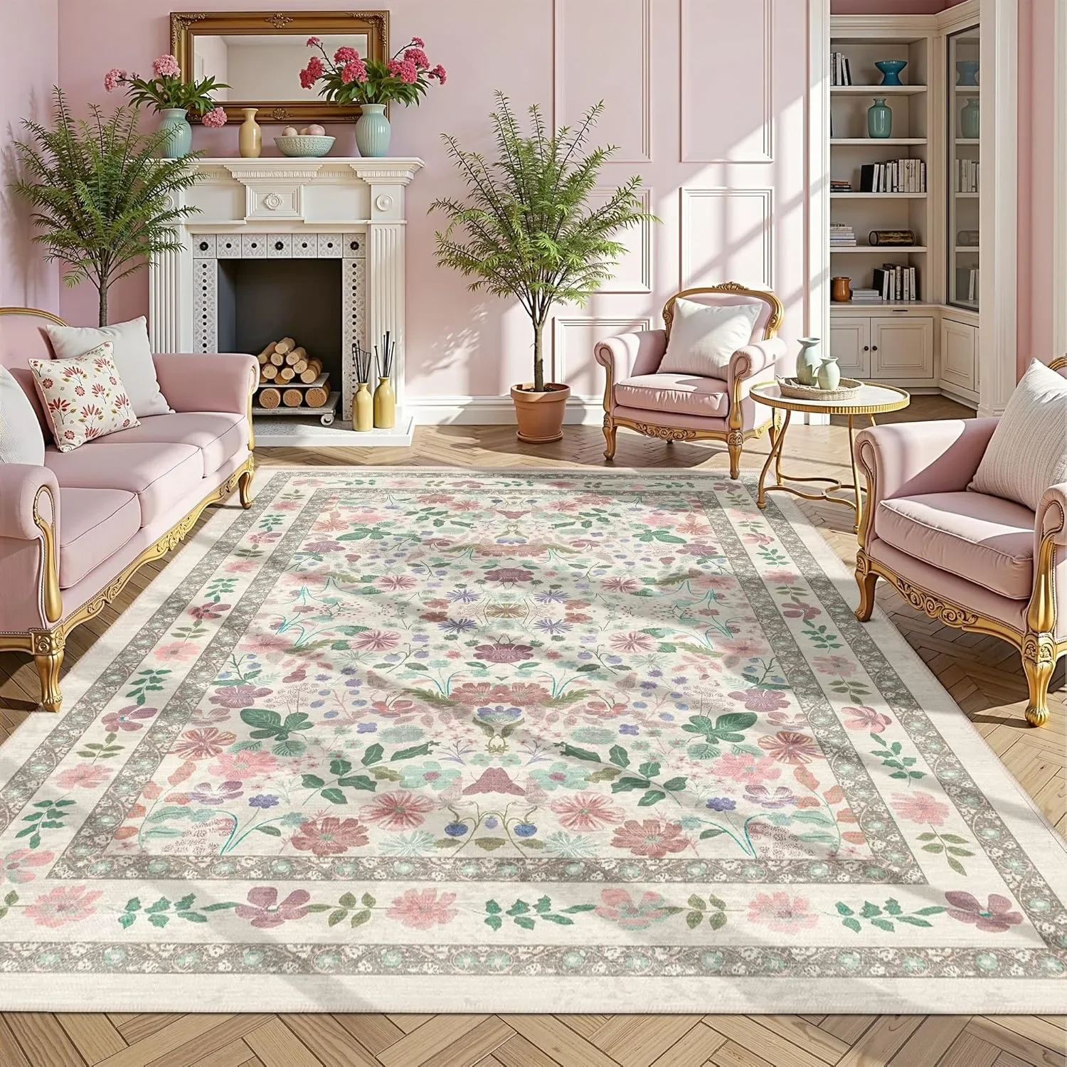Floral Area Rug for Living Room & Bedroom – Modern Luxury Large Floor Mat, Non-Slip Machine Washable Coffee Table Carpet