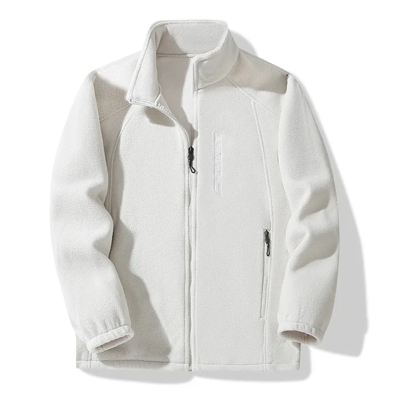 เสื้อแจ็คเก็ตตกปลาแบบสปอร์ตสำหรับคู่รัก สีพื้น เนื้อผ้าฟลีซบาง เสื้อโค้ทผู้ชาย คอตั้ง สำหรับวัยกลางคน เสื้อโค้ทฟลีซสองด้านให้ความอบอุ่น