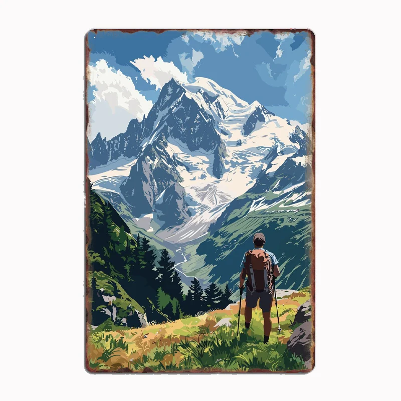 Mountain Hiking Adventure Retro Metal Tin Sign Vintage Nature Landscape Wall Art Decor for Cabin Garage Man Cave Home Gift