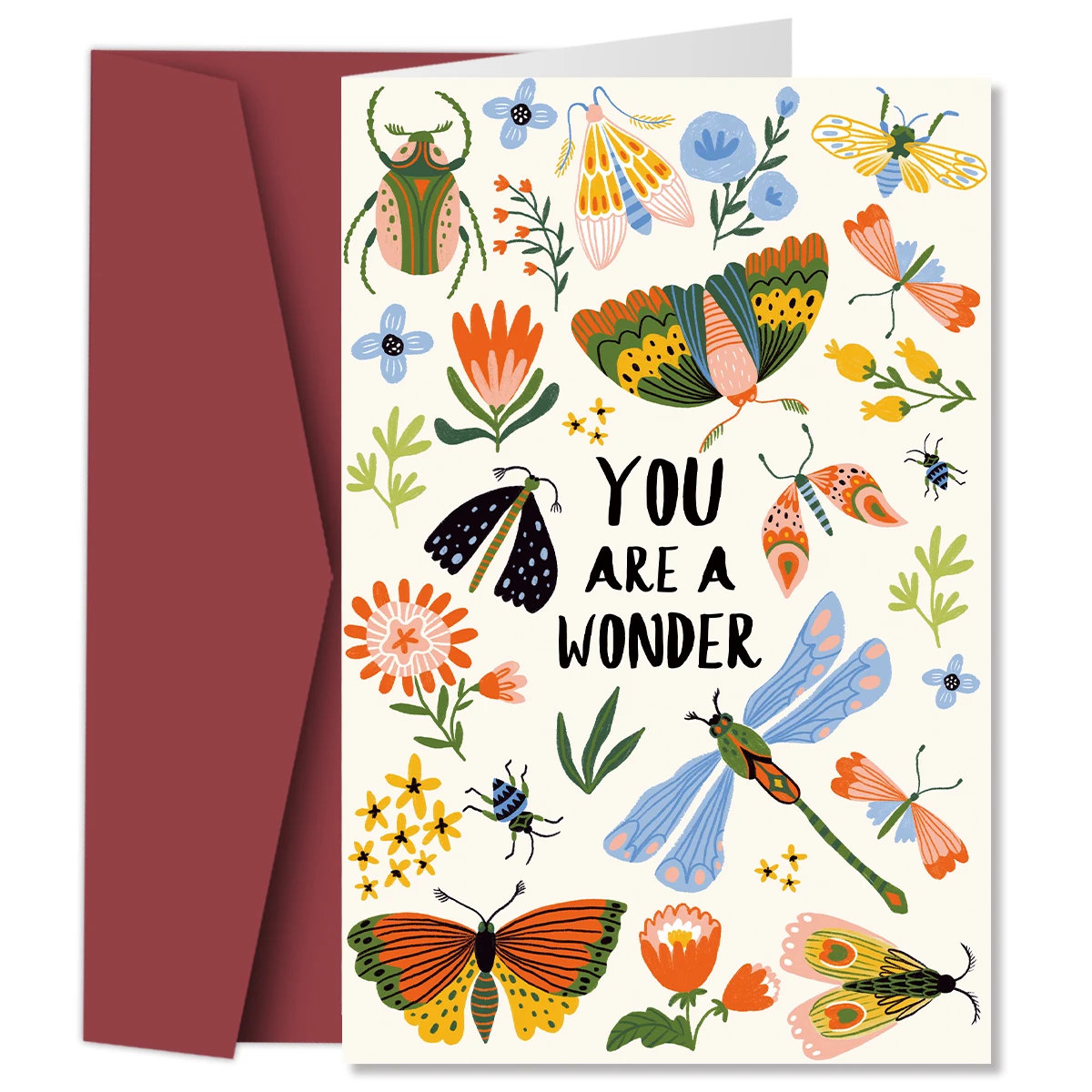 1PC YOU’RE A WONDER Card Colorful Pattern with Insects and Flower Greeting Card for Friends Wedding Thank You Card with Envelope