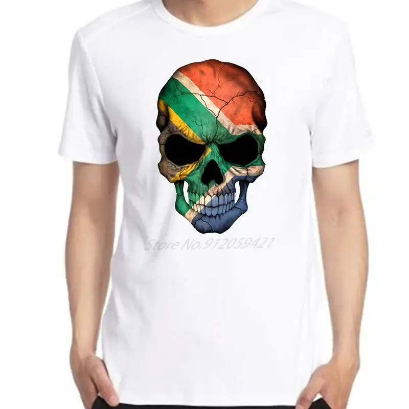 South African Flag Skull Graphic T-Shirt Cotton Short Sleeve Fashion White Men's Shirt New Style