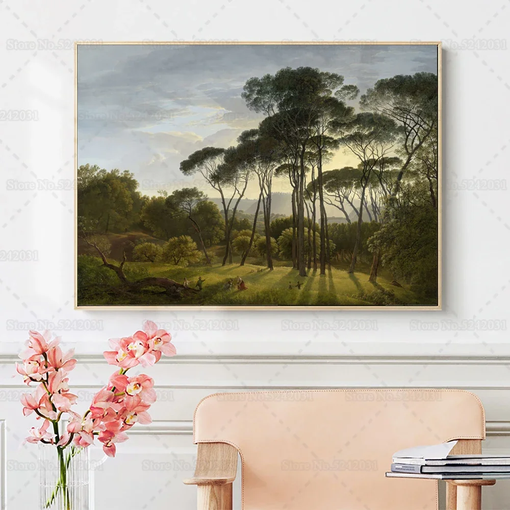 المناظر الطبيعية الإيطالية مع مظلة الصنوبر قماش اللوحة بواسطة هندريك Voogd طباعة ملصق جدار ديكور فني