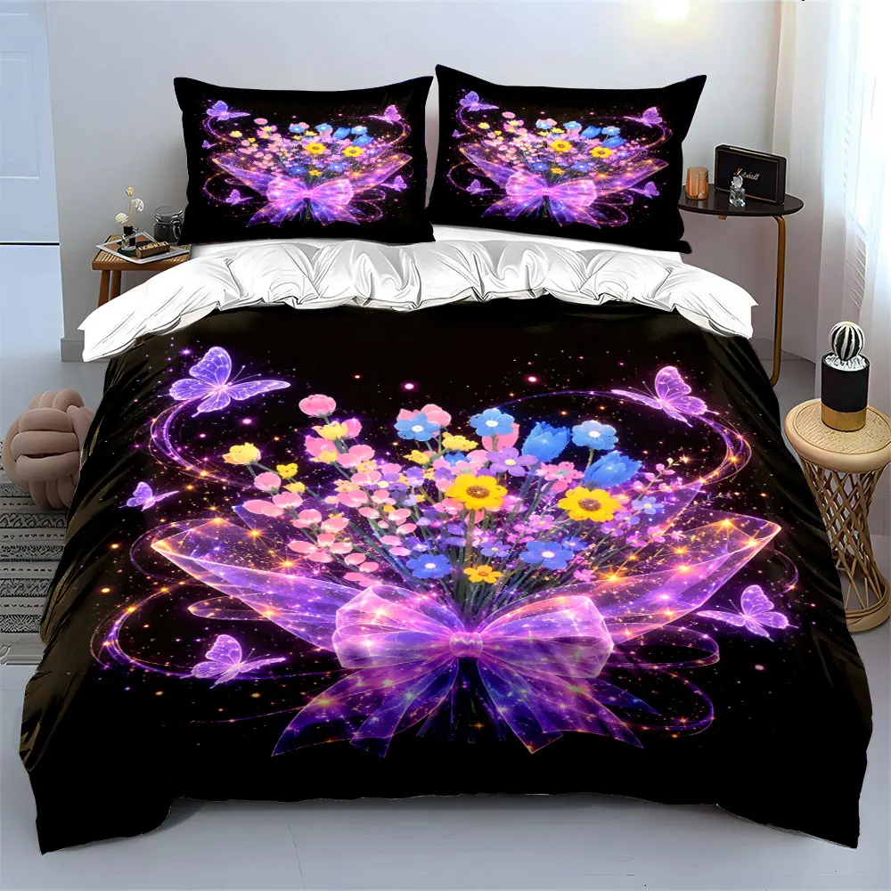 Black Dreamy Bouquet Butterfly Theme Print Bedding Set 1 Duvet Cover 2 Pillowcases for Adult and Children Luxury Gift Full Size