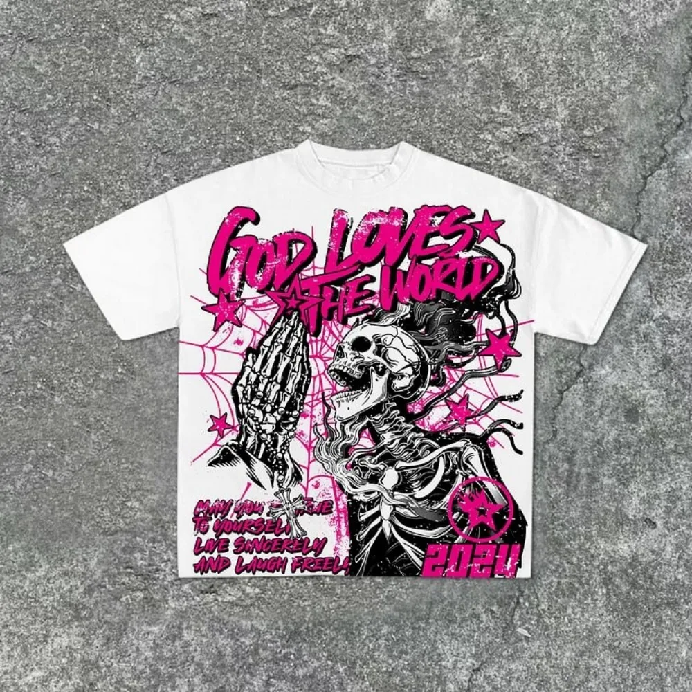 2026 Retro Skeleton Street Graffiti Graphic T Shirt Kids Adults Gothic Style Short Sleeve Tee Casual Oversized Top For Men Women