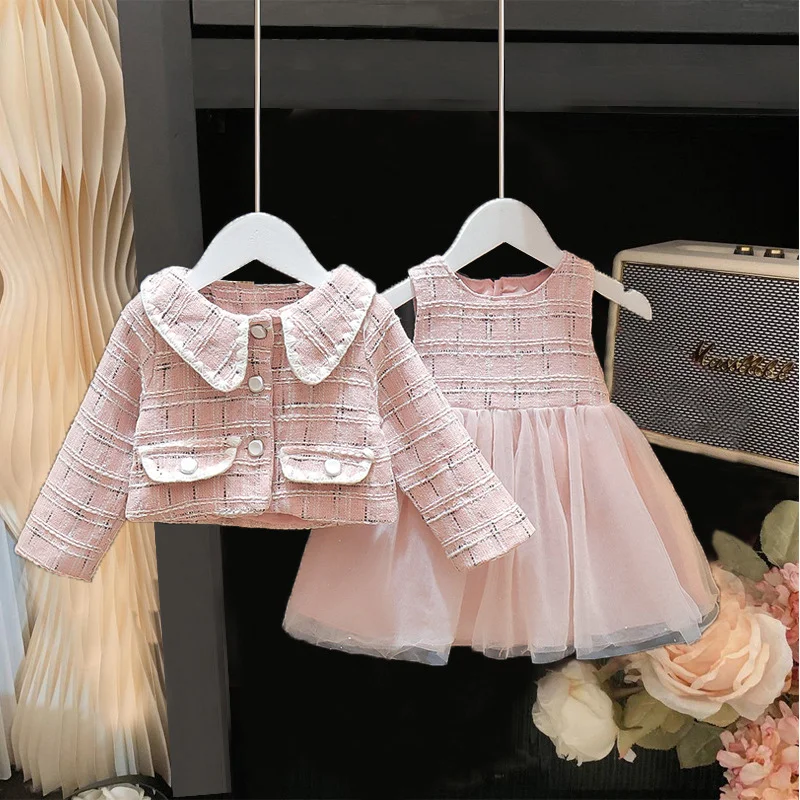 Two piece children\'s single breasted small fragrant vest jacket+fashionable gauze skirt vest dress girls autumn set clothing