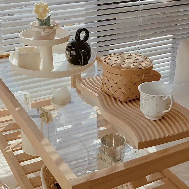 Ins solid wood transparent Changhong glass coffee table Japanese-style log bay window small table rental bedside CJ07 image 6