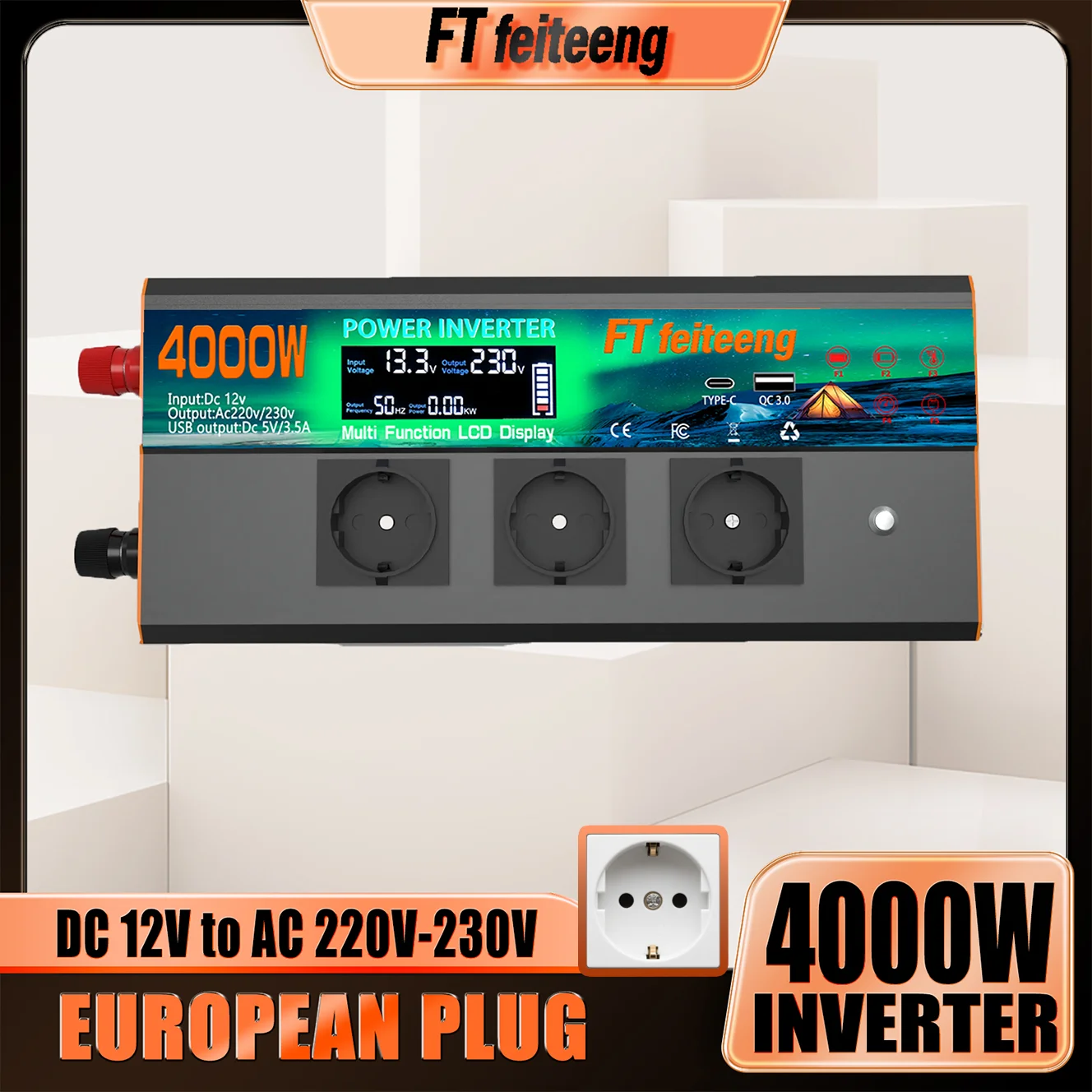 

FT Feiteeng 4000 Вт инвертор мощности от 12 В до 220 В с вилкой европейского стандарта для автомобиля, грузовика, солнечной бытовой техники, модифицированный синусоидальный преобразователь переменного тока