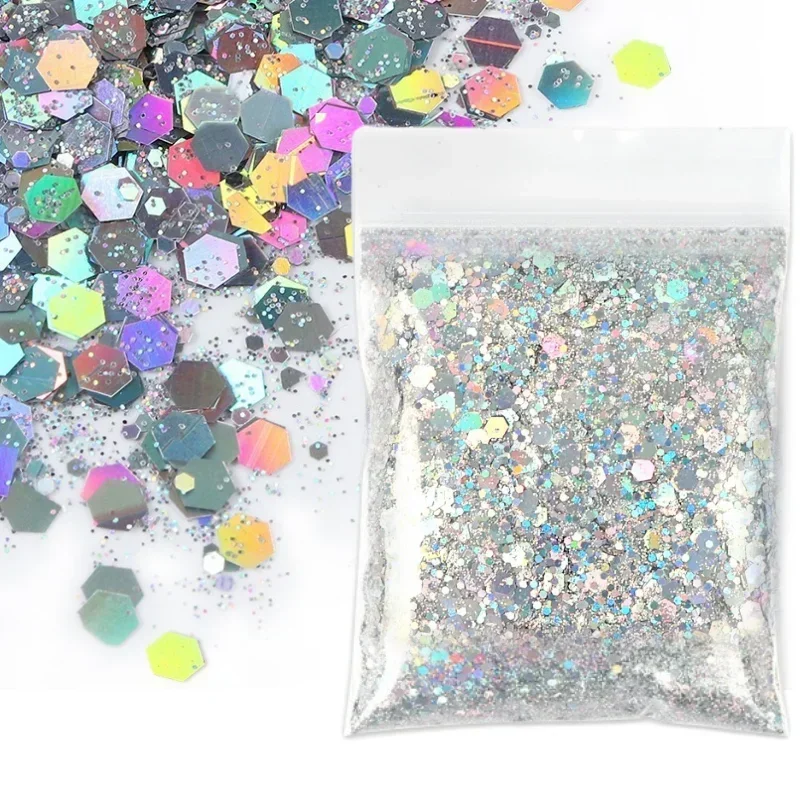 10G Holographic Silver Chunky Nail Glitter Mixed Hexagon Colorful Sequin Powder for Gel Polish Epoxy Resin DIY Nails Accessories