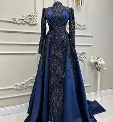 Navy Blue Floral Applique Vintage Evening Dresses Long Sleeves High Neck With Detachable Train Muslim Luxury Formal Party Dress