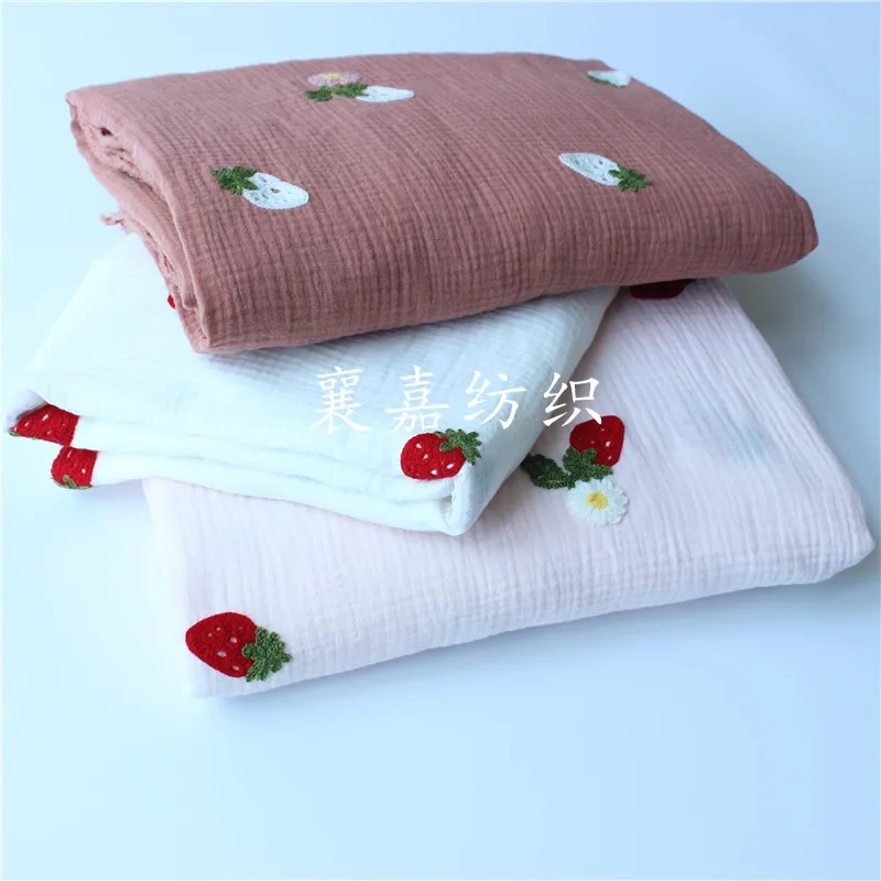 100X135cm Soft Double Crepe Cotton Strawberry Embroidered Gauze Spring Summer Nightdress Home Clothes Baby Quilt Fabric