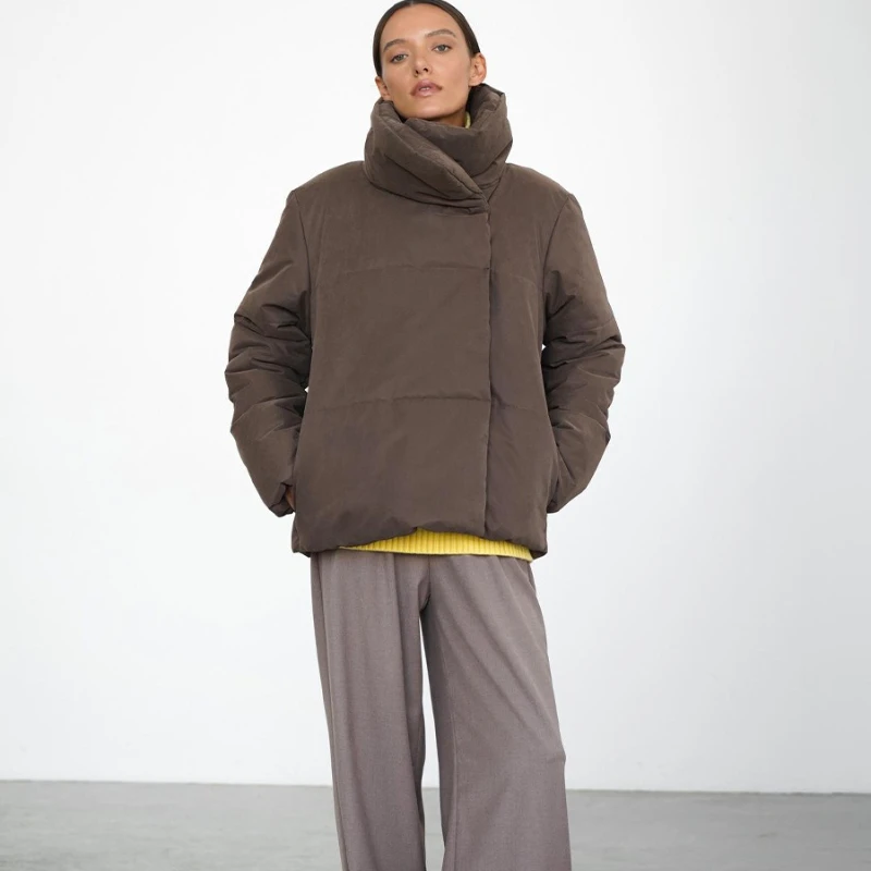 TARUXY High Collar Concealed Button Cotton Coat Women's Fashion Solid Pocket Long Sleeves Coat Winter New Casual Clothing Female