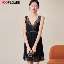 Women Sleep Dress Natural Mulberry Silk Blend Knit Silk Lace V-neck Full Slip Sleepwear Nightgown M L XL TA261