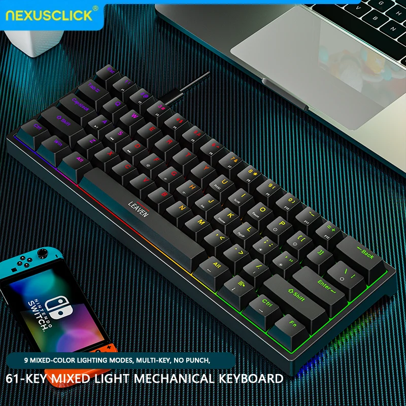 NexusClick 60% Mini Gaming Mechanical Keyboard,Ergonomics 61 Key RGB Hotswap Type-C Wired Gaming Keyboard PBT Keycaps for Office