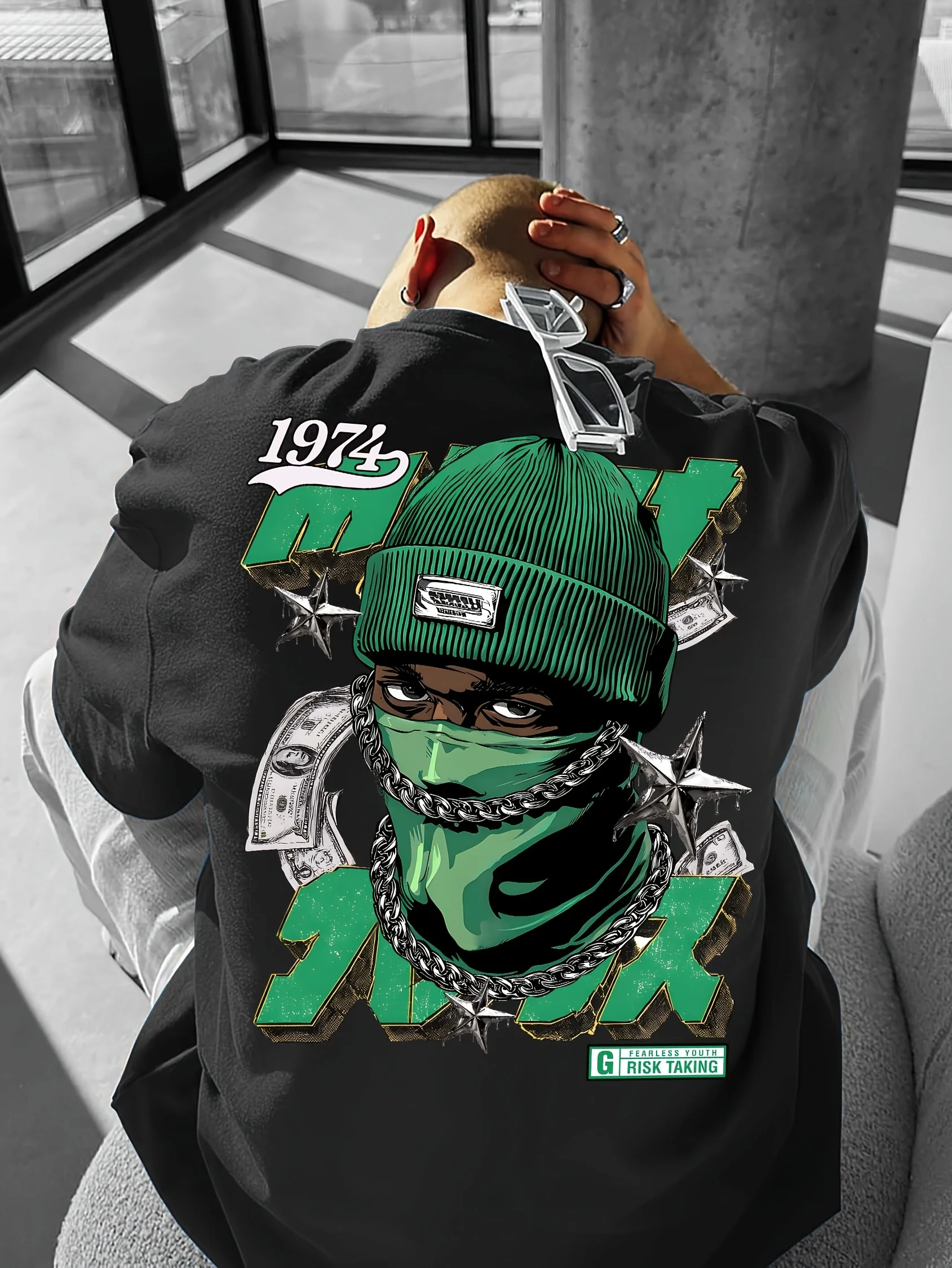 Men's Street Style T-Shirt Lavender Purple Hooded Character Money Bag and Chain Design, Urban Hip Hop Concert Party Apparel