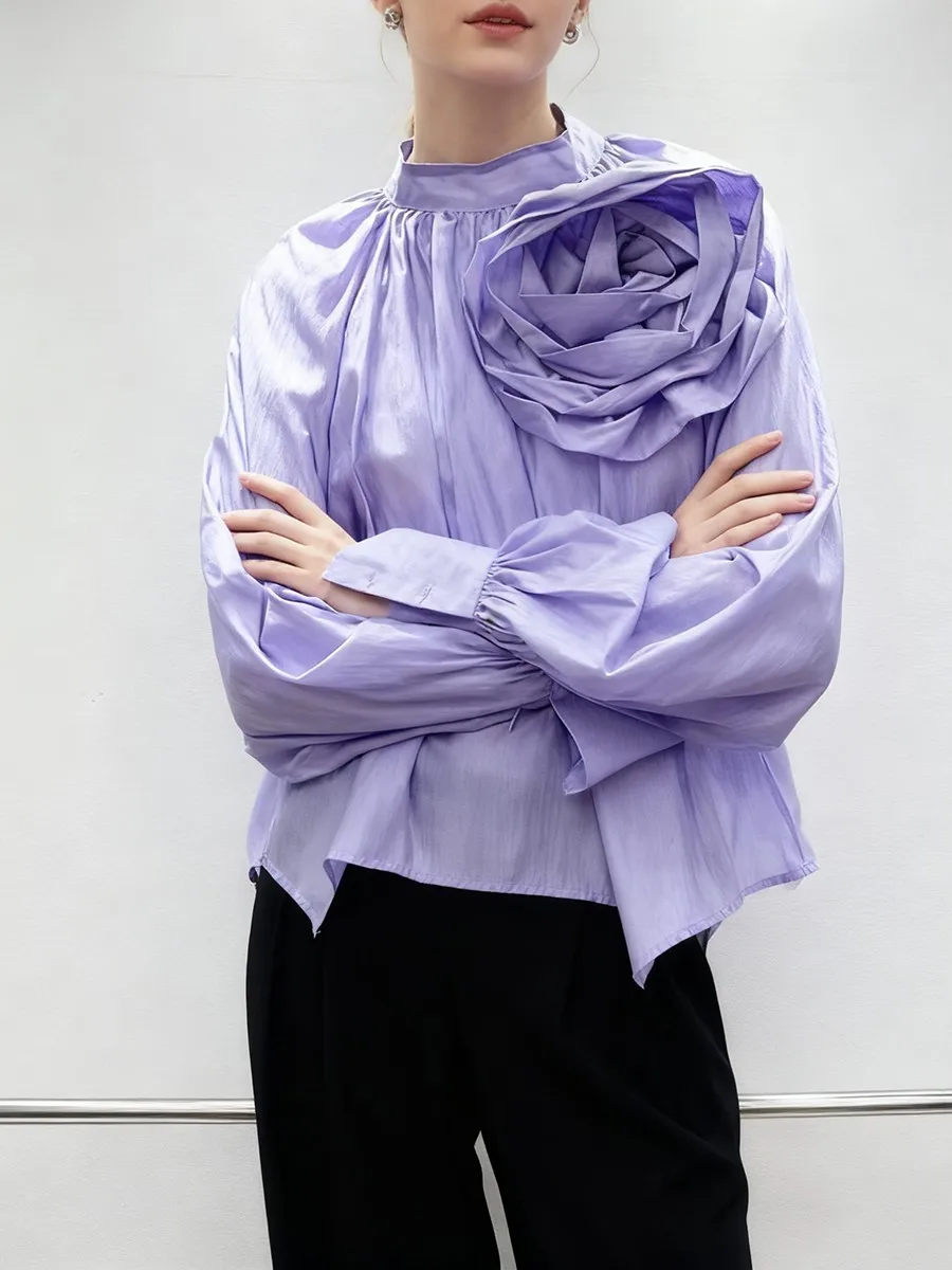 TWOTWINSTYLE Solid Spliced 3D Flower Basics Camicette per le donne Stand Neck Maniche lunghe Patchwork Shirring Camicetta casual Donna