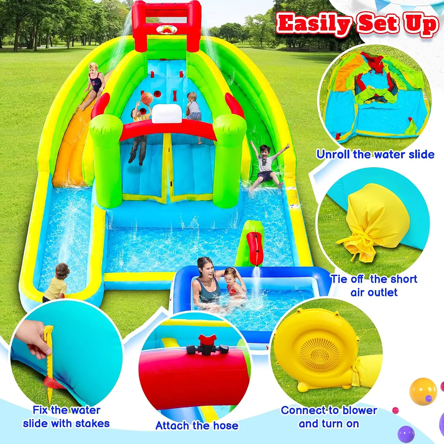 Inflatable Water Slide, 8 in 1 Bounce House with Double Long Slides, Jumping Castle for 4 Kids Ages 3-10, 520W Blower Waterslide view 6
