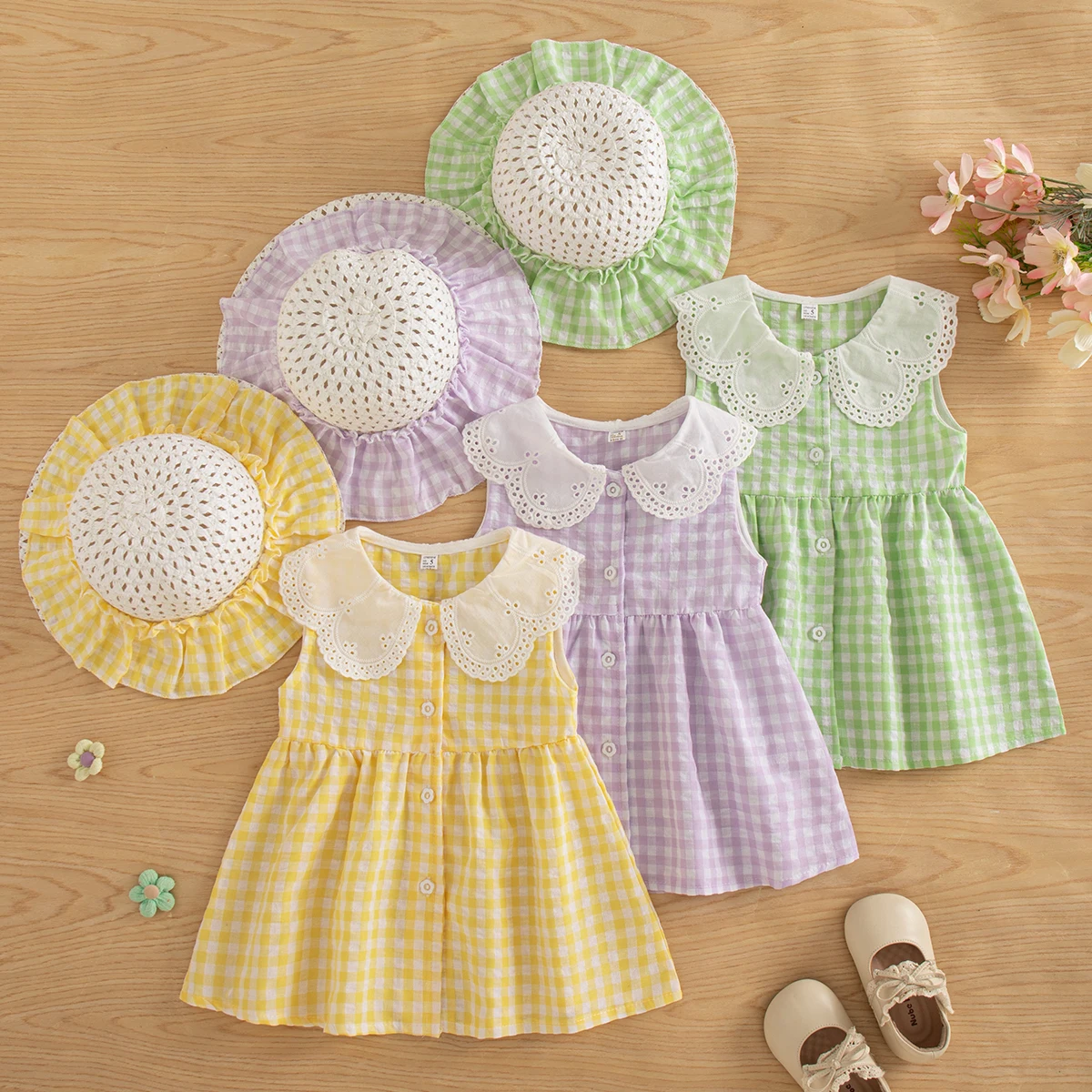 

Girls Dresses Summer Cotton Solid Color Plaid Lace Edge Sleeveless Baby Girl Dress Cute Casual Beach Baby Girl Clothing With Hat
