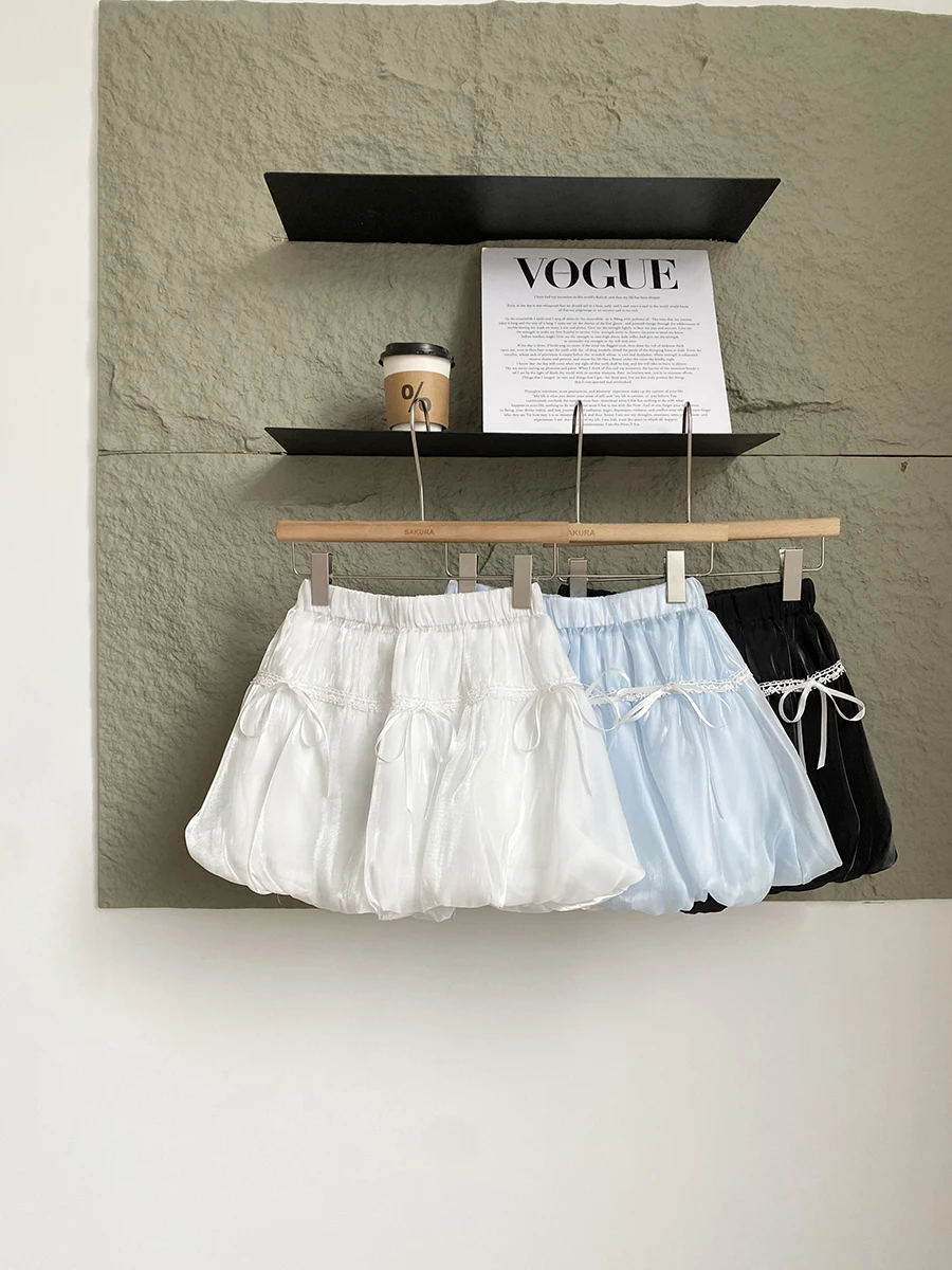 ผู้หญิงฤดูร้อนหวาน Bowknot Glossy Gauze Bud กระโปรงเลดี้น่ารักน่ารักสูงเอว Line Puffy กระโปรงสั้น