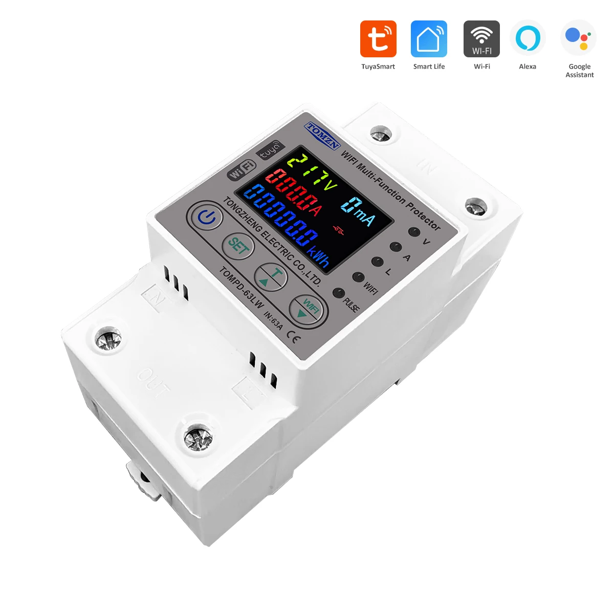 TOMZN 63A WIFI Smart Switch TUYA Energy Meter Kwh Metering Circuit Breaker Timer with voltage current and leakage protection