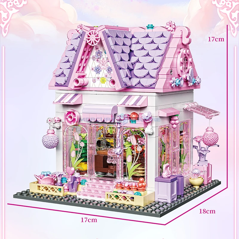 Pink Cottage MOC 33223 Cozy Cabin House Bungalow Architecture Bricks Flower Room Model Building Blocks Gift Ideas Toy Kids Girls