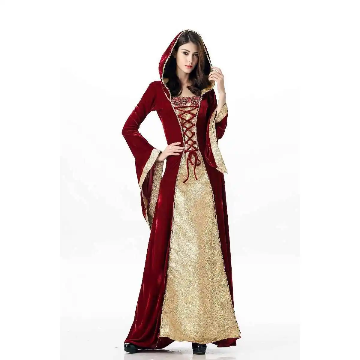 

loween Retro Court Long Dr Queen Or Princ Costume for Women Stage Bar Par with Hood Luxury Women's Clothing