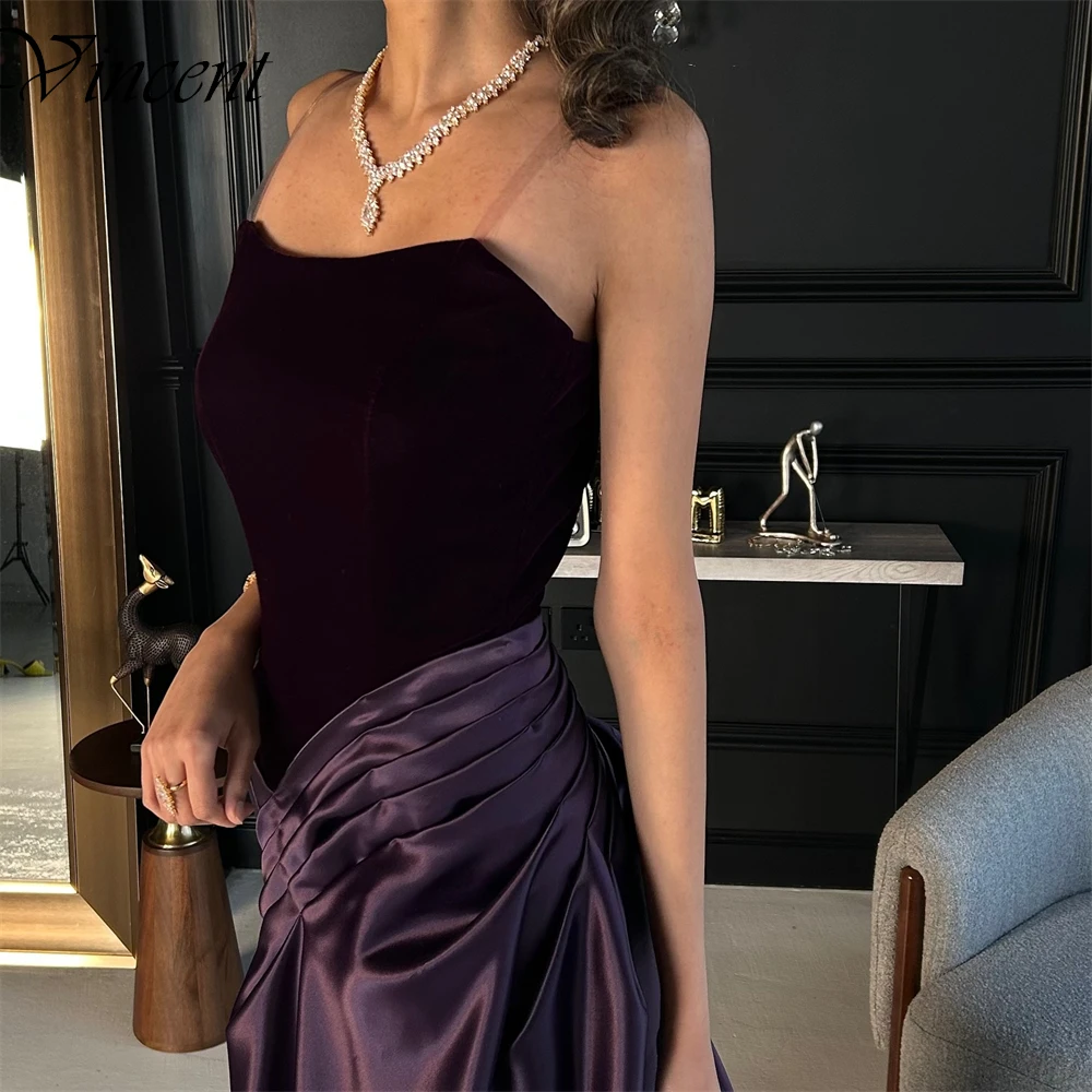 Customized Strapless Satin Classic Evening Dress A-Line Purple Fashion Prom Dress Panel Train Zipper Back Cocktail Dress