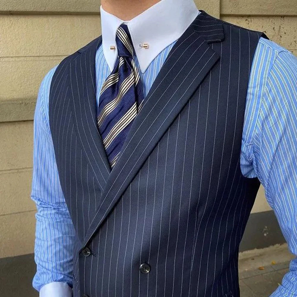 British Style Business Men\'s Striped Suit Vest Retro Double-breasted Elegant Slim Lapel Casual Men\'s Vest Retro Waistcoat Trendy