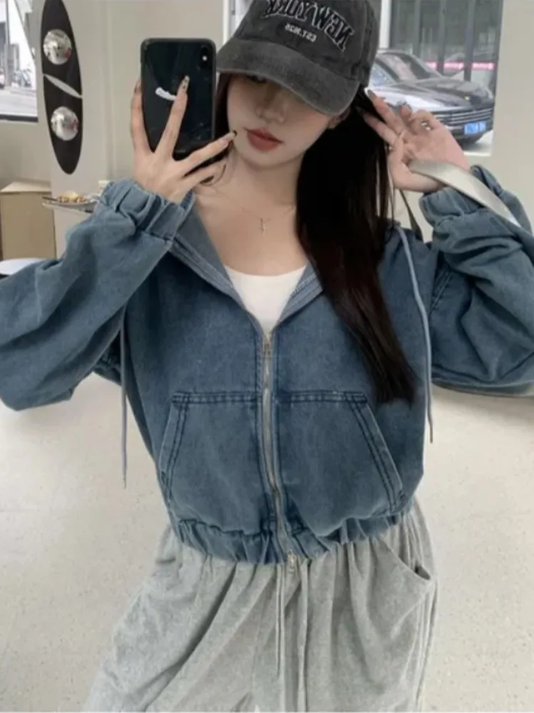 East Gate 2025 春秋 カジュアル クールガール レトロ フード付き ドローストリング 防風 デニムジャケット レディース ファッション ストリートウェア