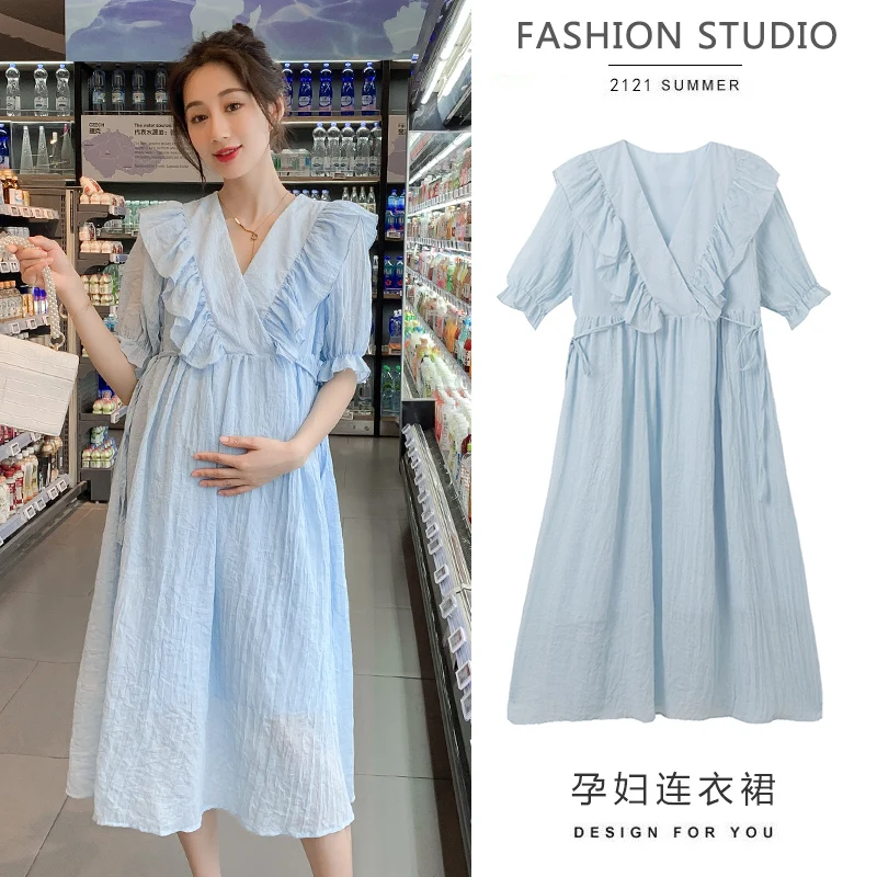 

Blue Yellow Ruffles Patchwork V-neck Short Sleeve Pregnant Women Dress Empired Pleated Maternity Clothes Pregnancy Casual Dress