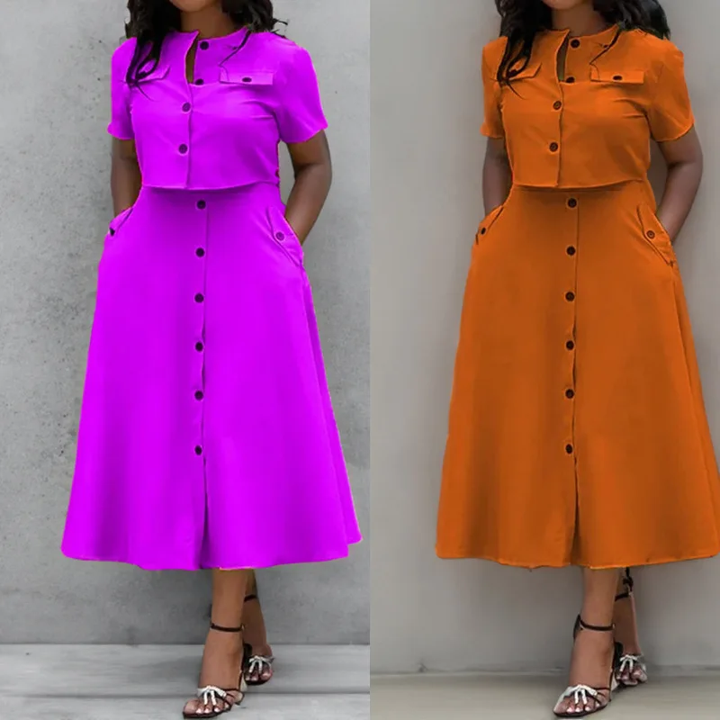 Skirts Shirt Women's Two-piece Set Elegant O Neck Short-sleeved Button Top High Waist Skirt 2-piece Suit Woman Spring Summer