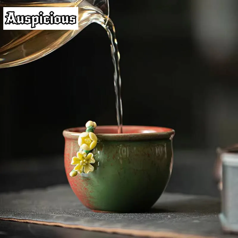 140ml Handmade Garnet Red Ceramic Master Cup Hand Pinch Flower Bud Art Tea Cup Japanese Drink Cup Tea Bowl Kungfu Tea Set Gifts