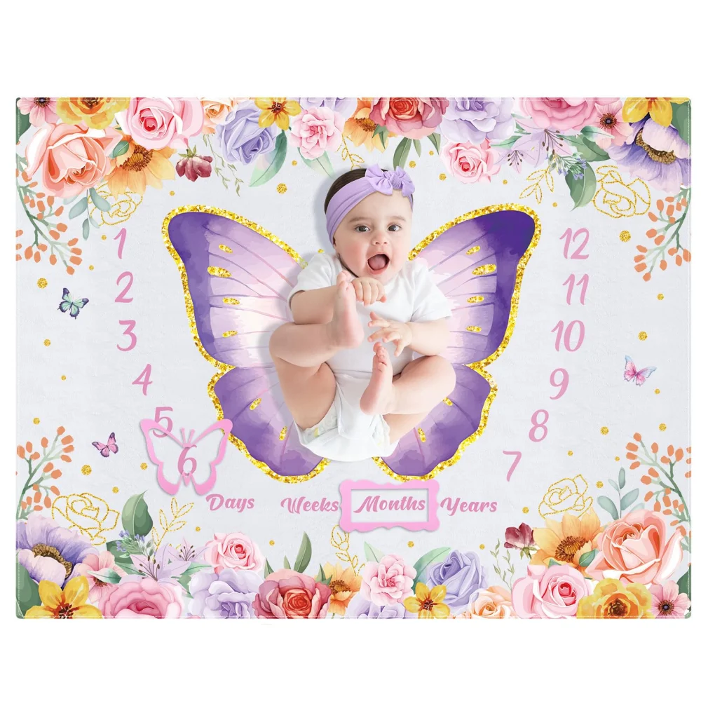 VIKAMA Butterfly Floral Baby Monthly Milestone Blanket, Soft Flannel Newborn Photo Mat for Girls Nursery Decor