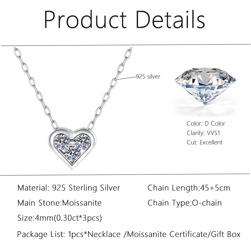 Lnngy Certified 4mm D Moissanite Necklace Collier Argent 925 Sterling Silver Heart-shaped Pendant Necklaces For Women Jewelry