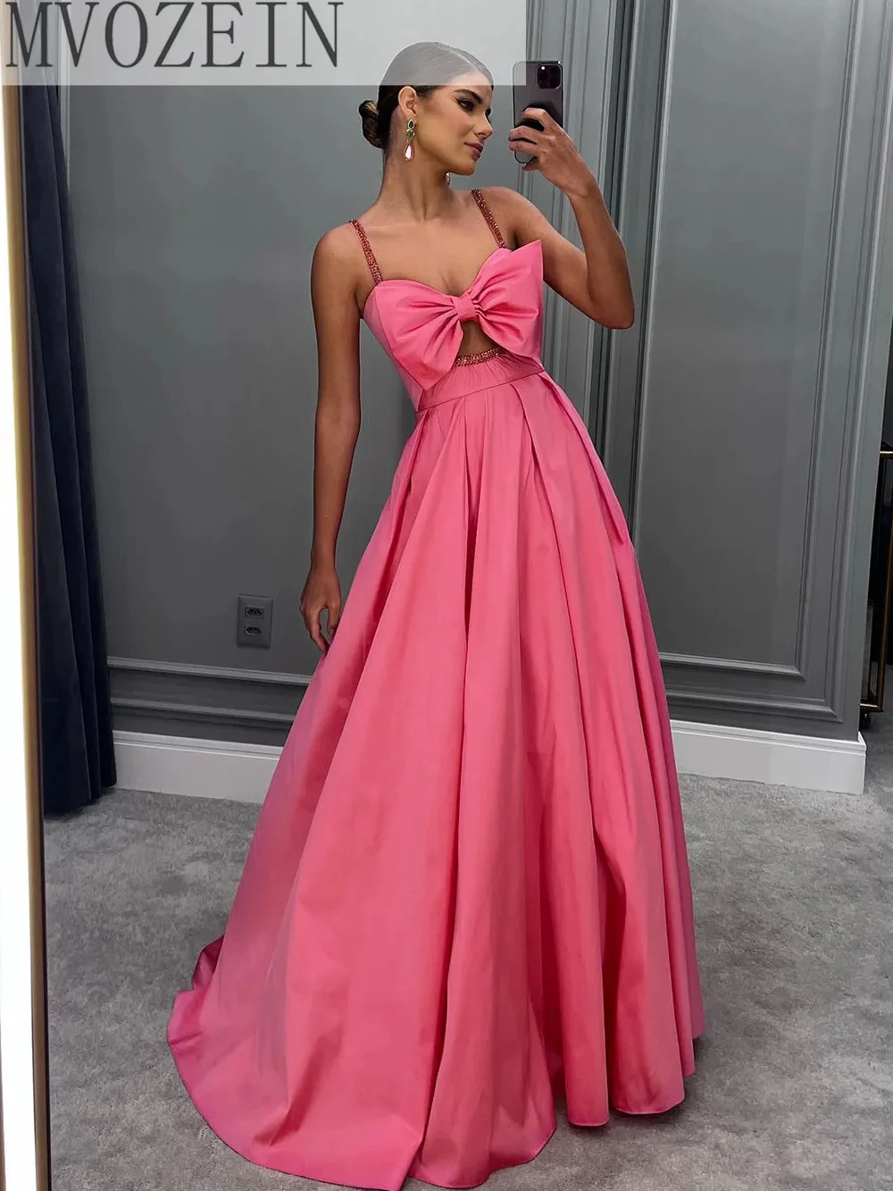 

Pink Satin Bow Evening Dress 2023 Long Wedding Party Dress Women Dresses A-Line Elegant Formal Occassion Dresses