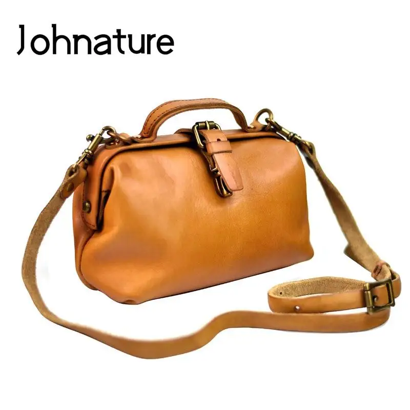 Johnature Vintage Doctor\'s Bag 2024 New Genuine Leather Women Handbag Simple Solid Color Real Cowhide Shoulder & Crossbody Bags