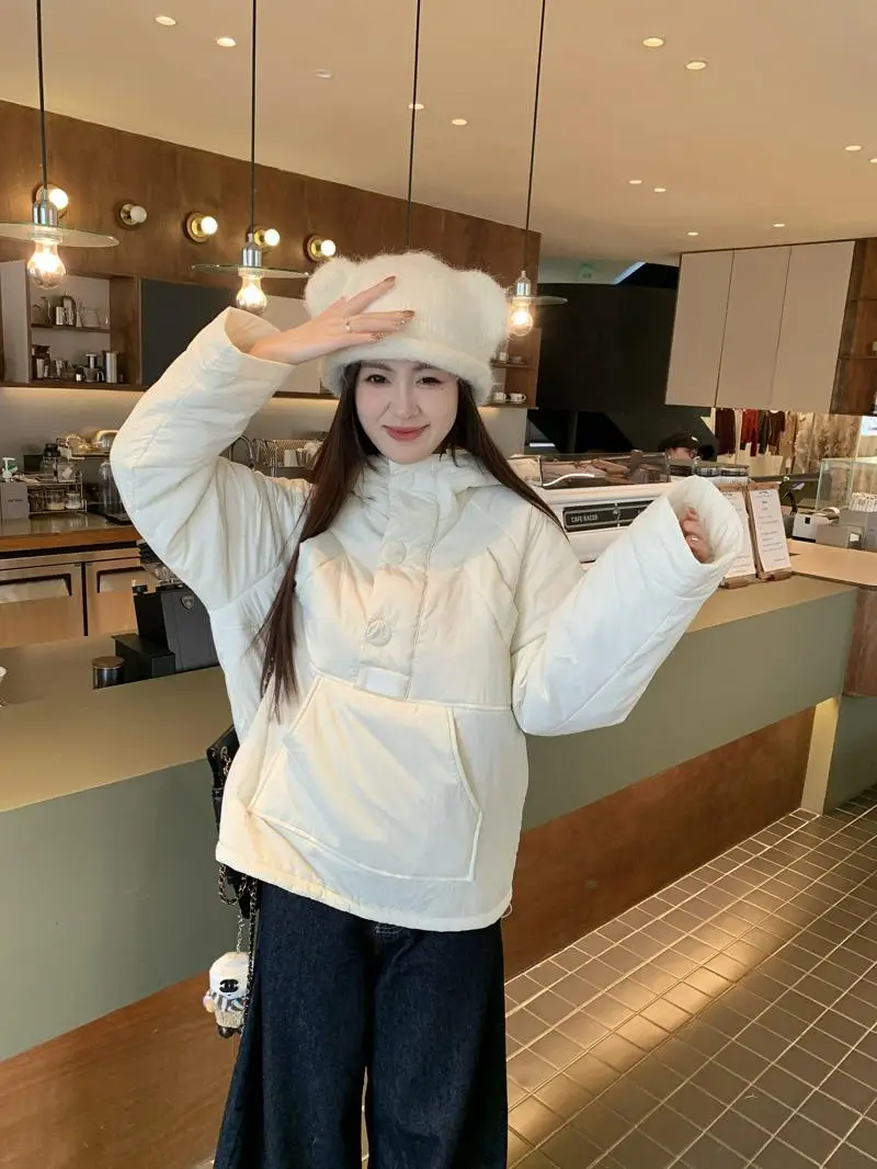 

Korean Fashion Autumn New Women Tops Parkas Hooded Long Sleeve Pocket Design Padded Pullover Parkas Coats Female Clothing