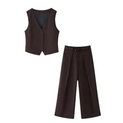 PB&ZA2024 Autumn New Women's Fashion Style Slimming Commuter V-neck Versatile Vest with Belt and Fold Pants Set