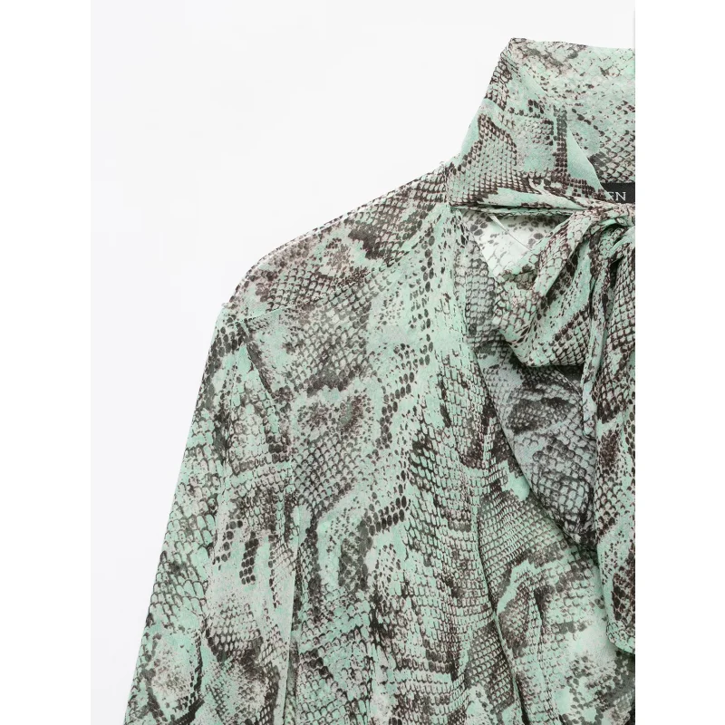 2026 Herbst Damenbluse Langarm Tierdruck Knopfhemd Schleifendekoration Elegante Alltagsmode Blusen für Frauen – Detail 8