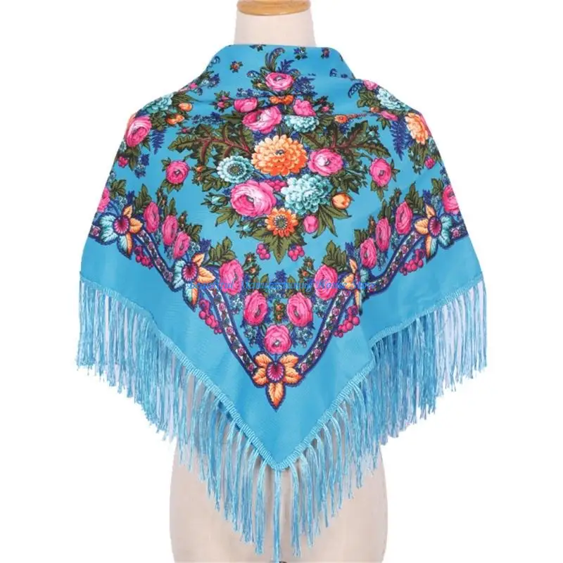 E56A Lightweight Printed Square Scarf Adjustable Fringed Shawl Comfortable Polyester For Daily Wear Outdoor Indoor Use