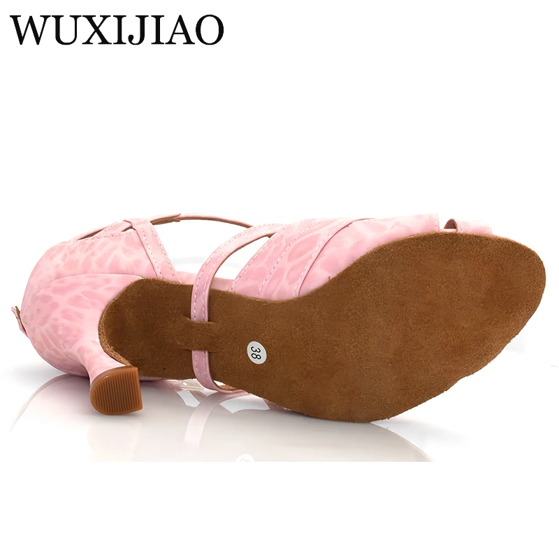 أحذية الرقص اللاتينية WUXIJIAO باللون الوردي الفهد PU أحذية الرقص الاجتماعي النسائية أحذية الرقص السالسا ذات النعل الناعم