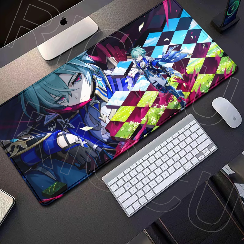 Großes Anime-Spiel Genshin Impact Lohen Mauspad, rutschfeste Gummibasis, verriegelter Rand, waschbar, schnell gleitende Schreibtischunterlage, Tastatur-Mauspad – Detail 1