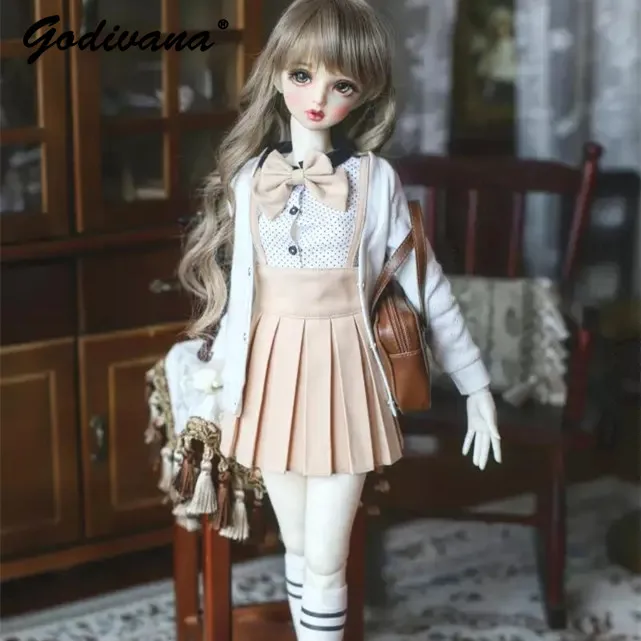 1/3 Bjd Doll Clothes Sweet Preppy Cardigan and Polka Dot Shirt with Suspender Pleated Skirt Socks School Uniform Doll Outfit - view 2