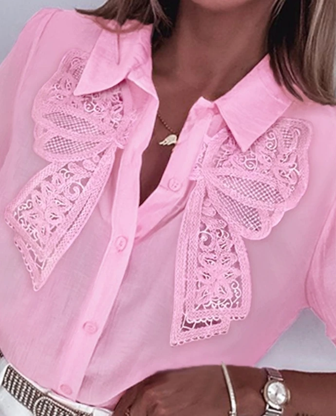 Summer Women's Fashion New Style Bowknot Decor Contrast Lace Puff Sleeve Top Leisure and Elegant Commuting Shirt