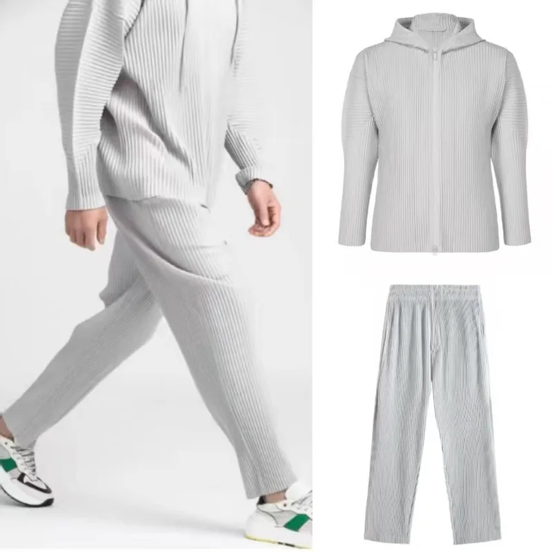 Miyake Pleated Pants Men's Suit Nine-minute Pants Autumn 2025 Fall Slim Jacket+elastic Waist Casual Trousers Loose Tapered Pants