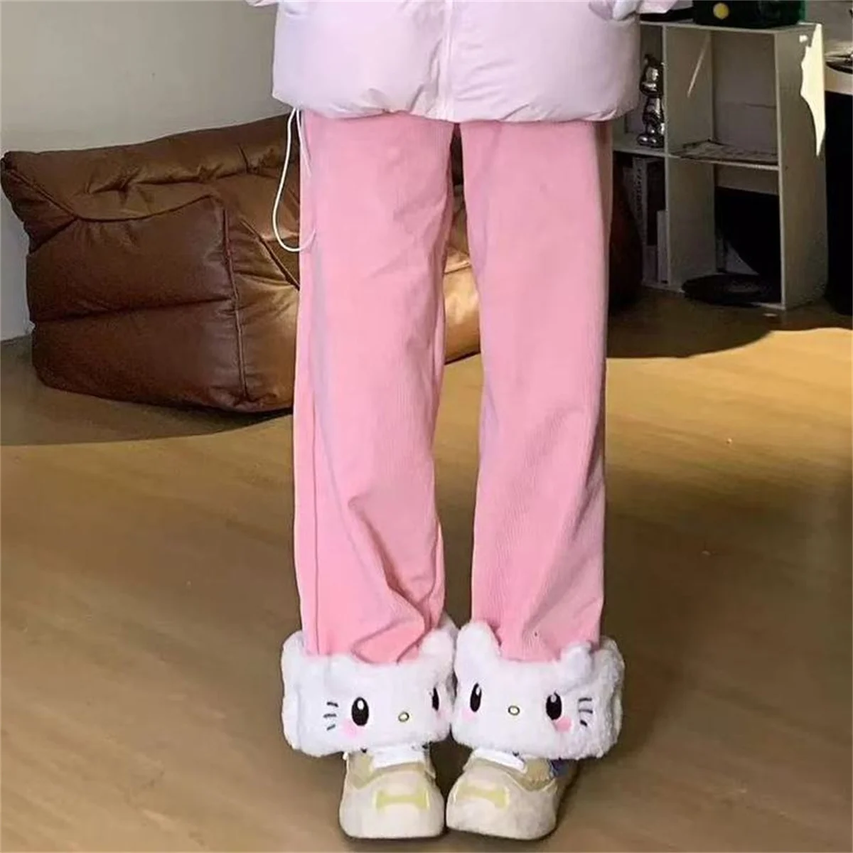 Herbst Winter Japanische Süße Lolita Hochgeschnittene Cordhose Kawaii Cartoon Katze Warme Weite Hose Y2k Lose Niedliche Hose – Detail 1