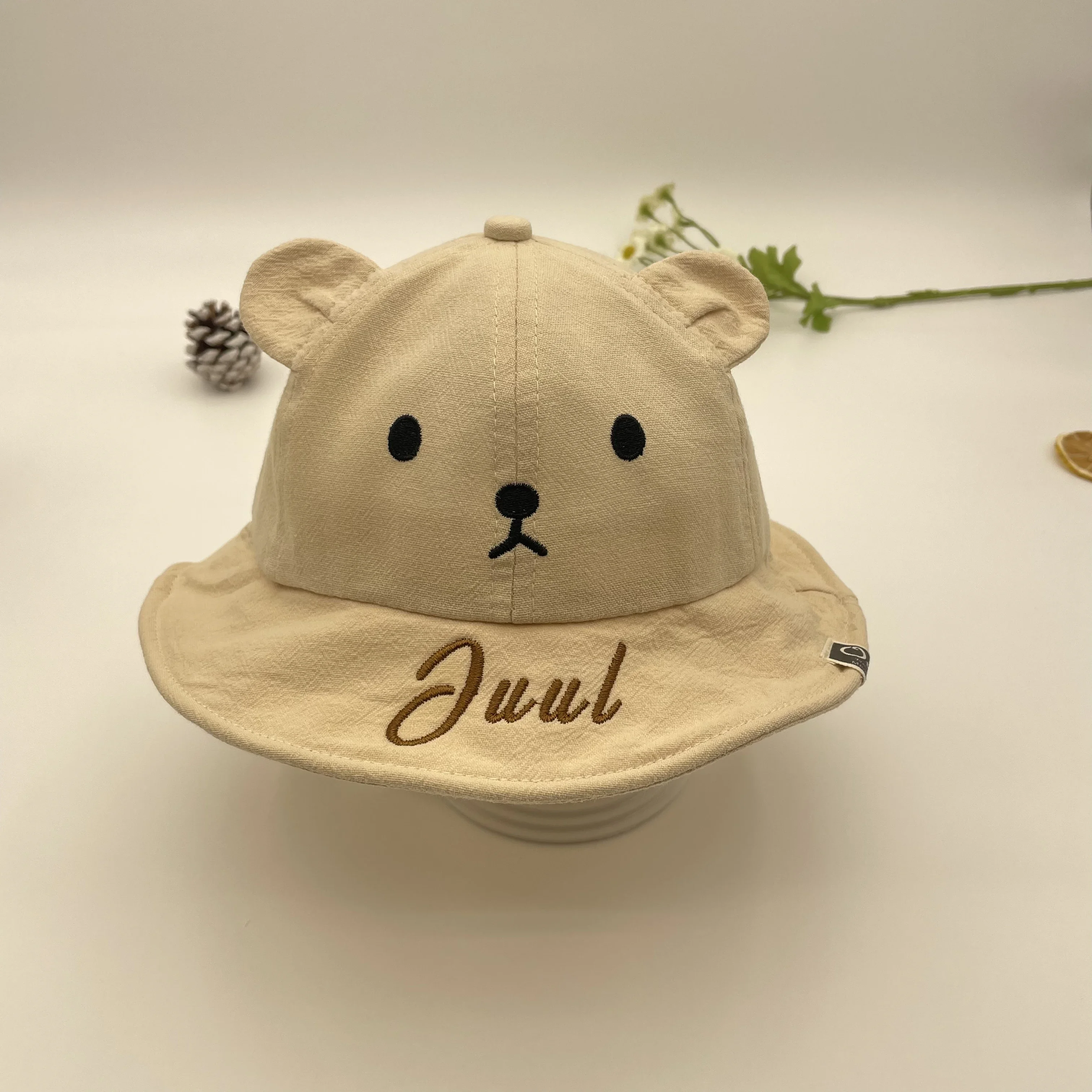 Personaliseer Schattige Beer Baby Emmer Hoed Met Oren Jongen Meisje Katoen Kid Zonnehoed Outdoor Zomer Kind Panama Cap Aangepaste Baby Naam