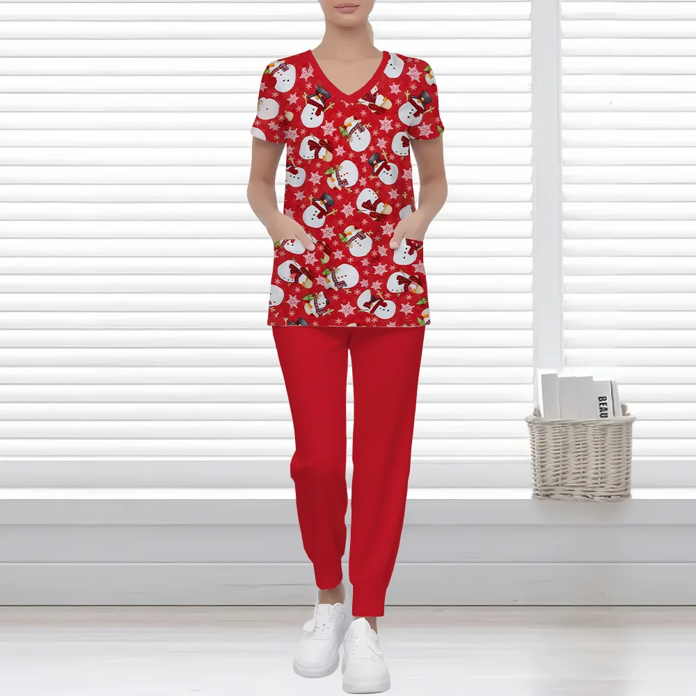 ชุดแพทย์สตรีคริสต์มาสสโนว์แมนรูปแบบพิมพ์ชุดทันตแพทย์ชุดแฟชั่นชุดผ่าตัดผู้หญิงแขนสั้นชุด