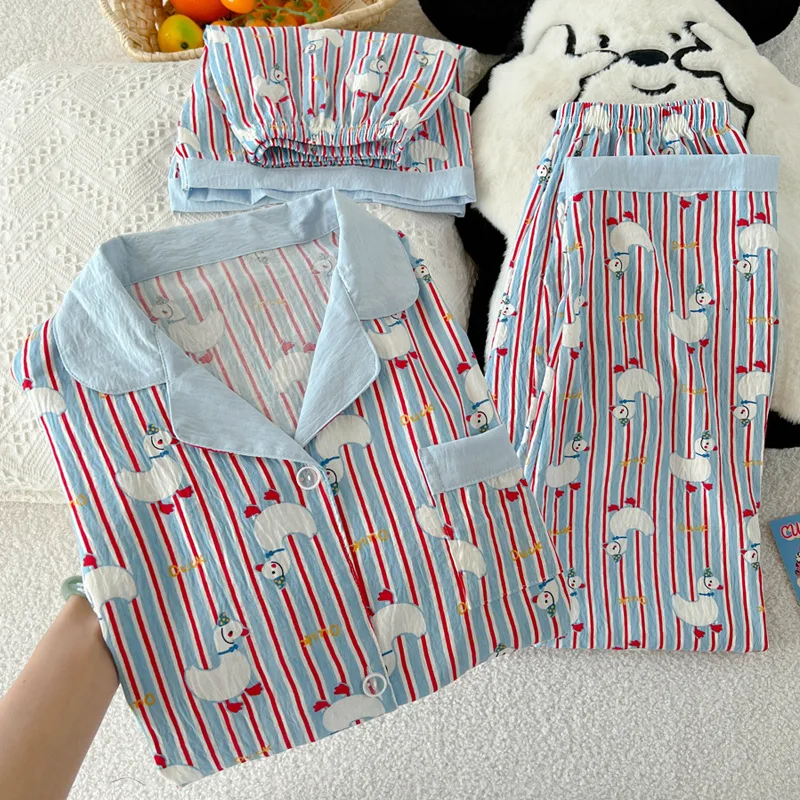

Spring and Summer Japanese Striped Cartoon Ins Style Clouds Cotton Pajamas Three-Piece Female Short-Sleeved Pajamas Homewear Set