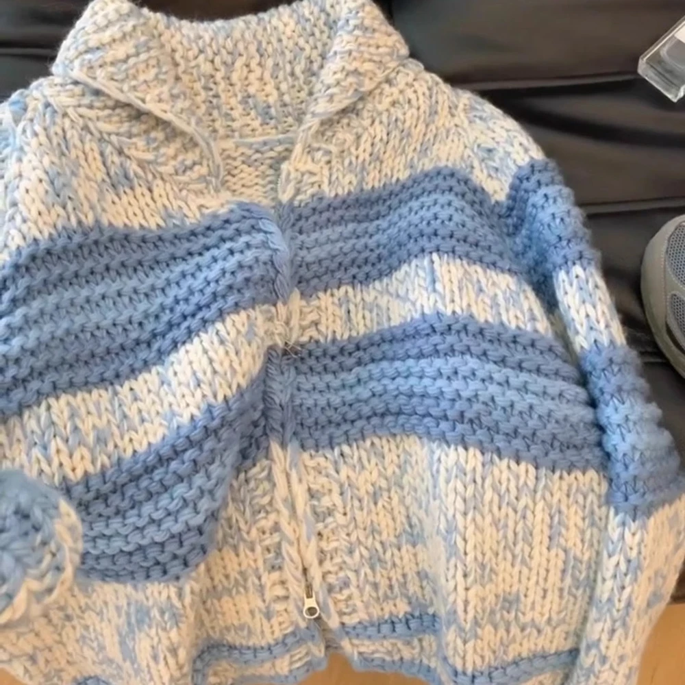 Cardigans de malha listrado azul vintage para mulheres coreano contraste turn down collar camisola casacos retro solto all-match outerwears